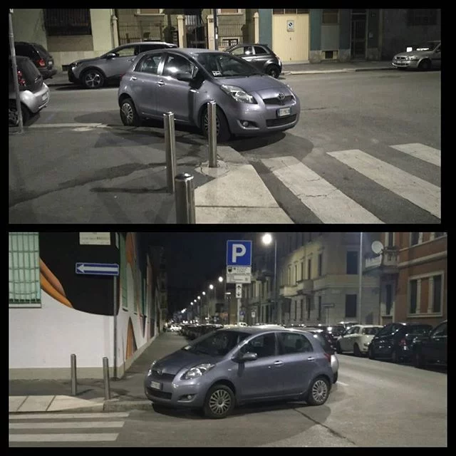 Sì, è sempre lo stesso genio che parcheggia in curva ma oggi ha superato se stesso, l&039;ha pure messa girata nel senso di marcia Della via laterale per non fare fatica la mattina.milaneseimbruttito parcheggioincurva contromano lastradaèmia percheiosoioevoinonsieteuncazzo