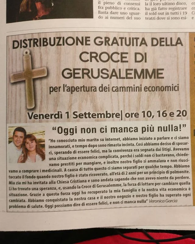 pubblicità su metro.Ok non sono cattolico.Ok non credo in nessun dio.Ok forse non sono la persona giusta per giudicare questa pubblicità (che sarà per costata non poco, mezza pagina di metro).Ma come cazzo si fa?Ma veramente c&039;è gente che ci crede?Vi prego, se qualcuno di voi mai dovesse decidere, dopo aver letto una pubblicità come questa di andare a ritirare la croce di Gerusalemme, gratis chiaramente, mi illuminimetropolitana Milano vitadapendolare treno train storieinmetro storiedituttiigiorni